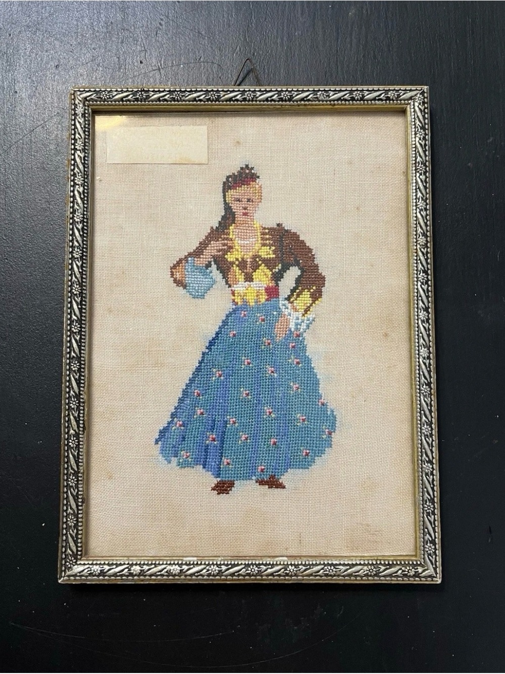 Greek Folk Art Cross Stitch Framed Needlepoint Loutraki Greece 1966 Wall Decor